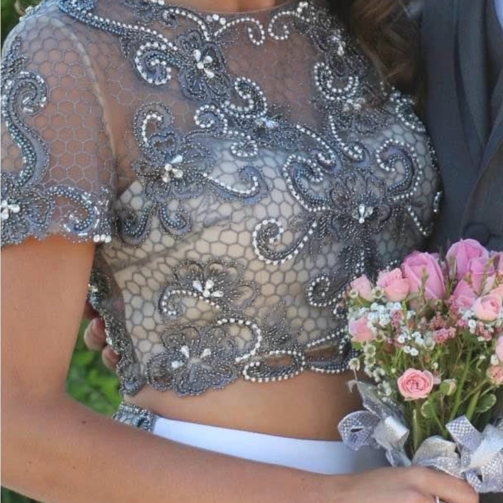 Elegant Gray Beaded top with white long skirt